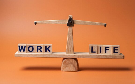 Wooden scale balances 'WOK' and 'LIFE' symbolizing the trade-off
