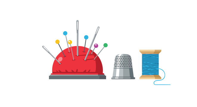 A vibrant red pincushion filled with various colorful ball-headed pins and silver needles sits beside a metal thimble and a spool of bright blue thread.