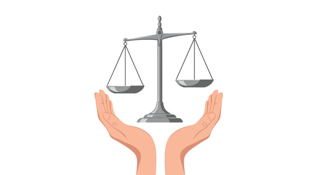 A pair of realistic human hands carefully supports a balanced silver scale of justice for fairness and legal equality in a minimalist graphic style.