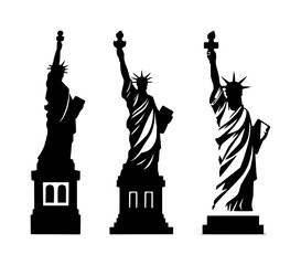Statue of Liberty set with solid black icon on white background featuring iconic monument, national symbol, historical landmark with freedom and New York © MdRonok