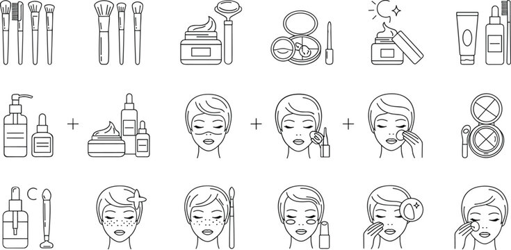 Skincare routine and cosmetic application line icon set featuring beauty products face care steps brushes and treatment process