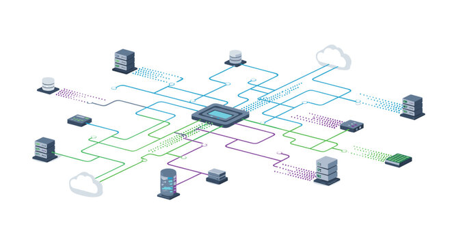 A comprehensive isometric network map illustrates multiple server racks and cloud storage units linked to a central processing hub via vibrant data pathways.
