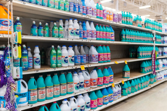 Villa de Alvarez, Colima, Mexico. March 6, 2026: Merchandise Stacked Display of Bleach and Cleaning Supplies on Store Shelves
