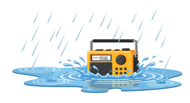 A classic yellow portable radio rests in a rippling blue puddle as heavy rain falls creating energetic splashes against a pristine white background setting.