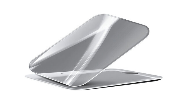 Film de protection d'&eacute;cran transparent pour smartphone ou tablette isol&eacute; sur fond blanc, accessoire de technologie moderne et durable.