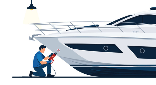 Focused technician kneels to use a red power buffer on the sleek bow of a luxury white yacht illuminated by a single overhead hanging spotlight.