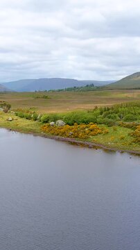 Beautiful aerial vertical view of Lough Bofin lake in Connemara region in Ireland. Scenic Irish countryside landscape with magnificent mountains on the horizon, county Galway, Ireland.