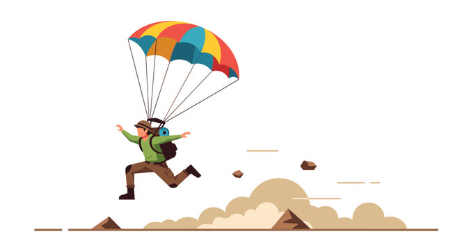 A brave skydiver wearing a green jacket and brown pants descends rapidly with a colorful striped parachute toward a rocky desert landscape with dust clouds.