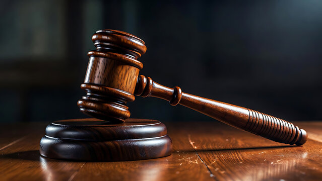 Wooden Judge Gavel Resting on Sounding Block Dark Dramatic Lighting Moody Legal Concept