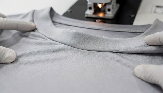 Medium shot focusing on ultrasonic bonding of shirt yoke panels highlighting smooth durable seams on synthetic fabric for enhanced comfort.