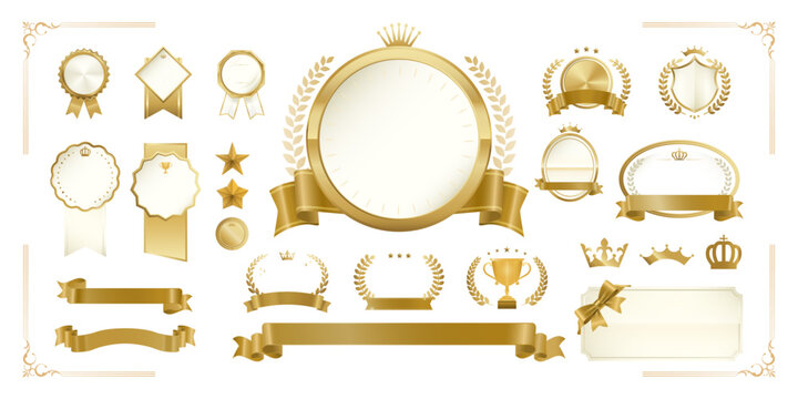 Champagne Gold Badge and Label Blank Template Set &ndash; Award Ribbon, Laurel Wreath, Crown, Trophy Icons | Luxury Vector