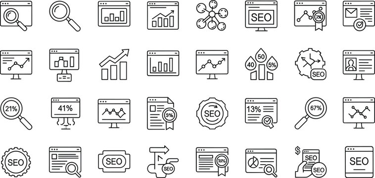 SEO analytics and digital marketing line icon set featuring search optimization data charts ranking strategy and web performance symbols