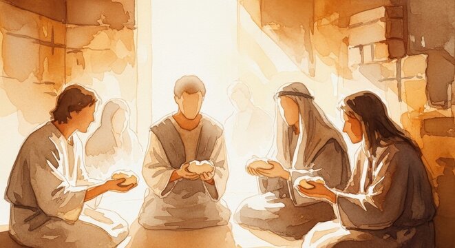 Gathering of Early Church Members in Communion, Emphasizing Fellowship and Spiritual Connection in a Sacred Setting