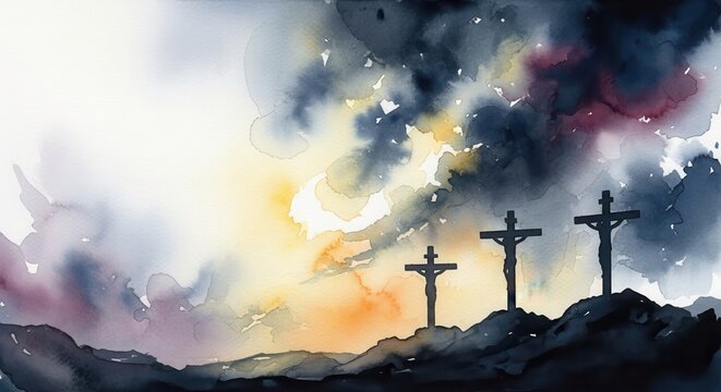 The Crucifixion on G: A Dramatic Watercolor Depiction of Three Crosses Against a Turbulent Sky, Capturing Themes of Sacrifice, Faith, and Redemption.