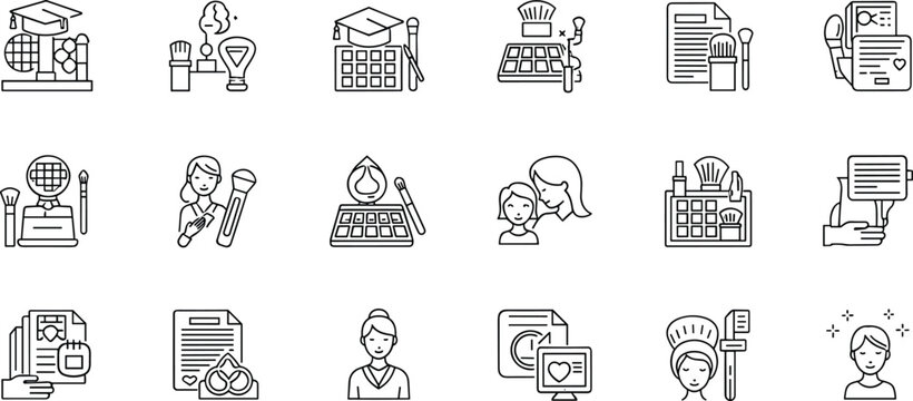 Beauty education and makeup training line icon set featuring cosmetics learning courses tutorials brushes and professional skills symbols