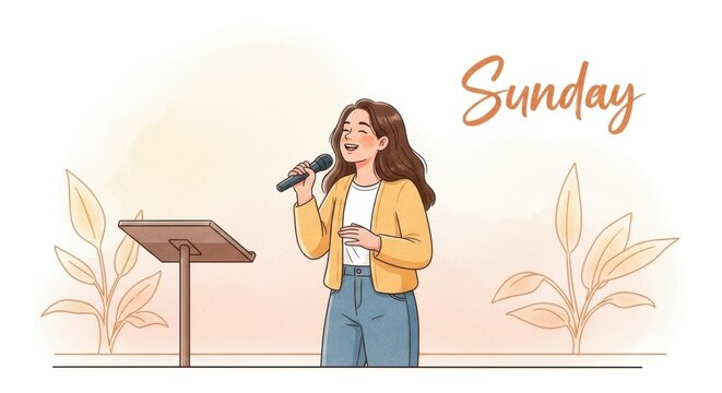 Smiling Woman Leading a Sunday Service with Passion While Speaking into a Microphone, Engaging the Audience in a Warm and Inviting Atmosphere