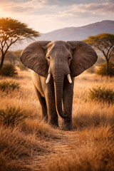 Fototapeta premium African elephant walking in savanna during golden hour with warm sunlight