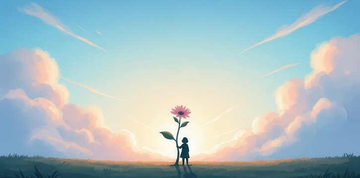 A Young Boy Nurturing Growth: Embracing Nature with a Large Blooming Flower Under a Serene Sky