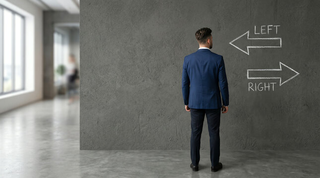 Man in suit facing a wall with arrows pointing left and right, symbolizing decision making or a choice