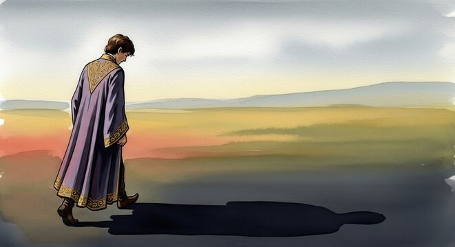A Young Ruler in Contemplation: A Rich Figure Walking Alone, Reflecting on Choices and Legacy Against a Serene Landscape
