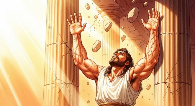 Samson's Final Prayer: A Powerful Depiction of Strength and Despair Amidst the Ruins of the Temple
