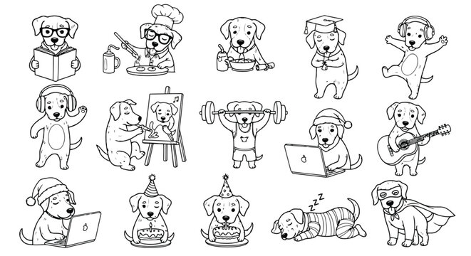 Cute cartoon labrador puppy dog performing various activities, including reading, cooking, exercising, and celebrating.