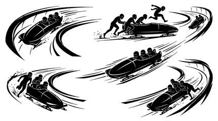 Thrilling whitewater rafting scene with multiple rafts racing downstream across rough water. © pixmastock