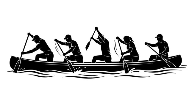 Six Person Canoe Team Paddling Together on a River.