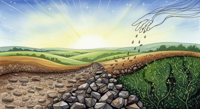 The Parable of the Sower: An Artistic Interpretation of Seeds Being Sown in Diverse Landscapes, Symbolizing Growth, Potential, and the Journey of Life