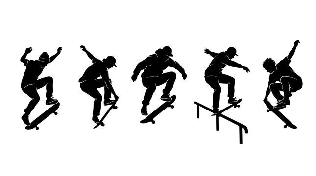 Silhouetted Skaters Performing Tricks on a Rail in an Urban Skatepark.