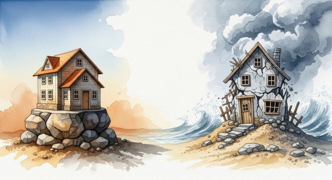 The Parable of the Wise: A Visual Tale of Two Houses Illustrating the Importance of Strong Foundations and Preparedness Against Life's Storms