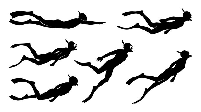 Group of five divers in dynamic silhouettes performing aquatic poses against white background.
