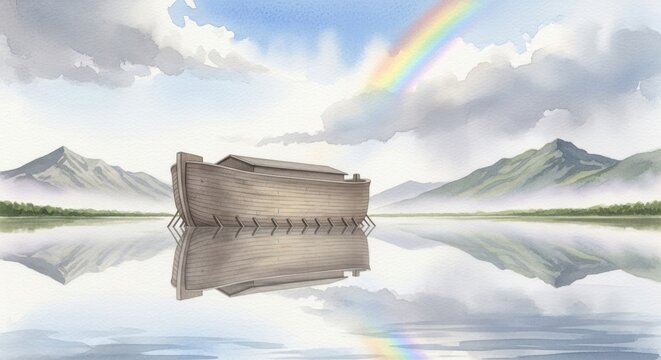 Noah's Ark Resting Serenity on Calm Waters Under a Rainbow, Surrounded by Majestic Mountains and Lush Landscapes, Symbolizing Hope and New Beginnings