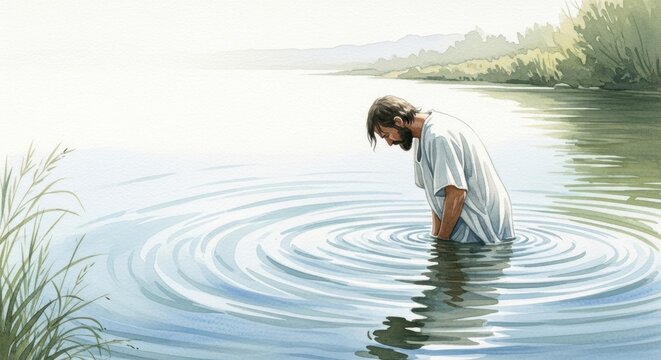 Naaman Cleansing in the River: A Depiction of Faith and Redemption through Water in a Serene Natural Setting