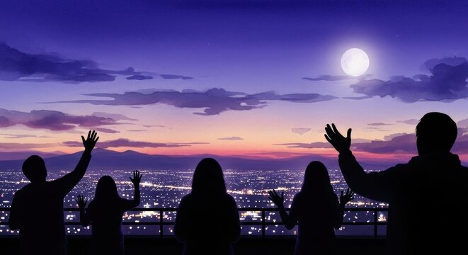 People Engaging in Nighttime Rooftop Worship with Hands Raised Towards the Moon Overlooking a Cityscape at Dusk