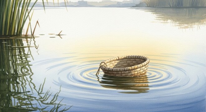 Serene Moses' Basket Gently Drifting on Calm Waters Amidst Lush Reeds at Dawn, Symbolizing Peace and New Beginnings in Nature
