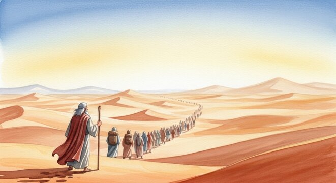 Moses Leading His People Through the Desert: A Journey of Faith and Liberation in the Expansive Sands Under a Bright Sky