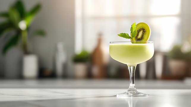 Cocktail with kiwi slice garnish.