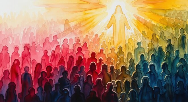 A Diverse Crowd of Witnesses Gather to Witness a Divine Revelation Illuminated by Radiant Light