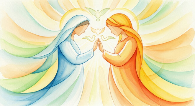 Mary Visiting Elizabeth: A Spiritual Encounter of Two Women Embracing Connection, Love, and Divine Inspiration in a Colorful, Ethereal Setting