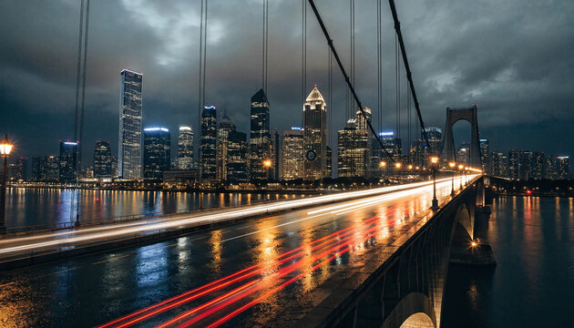 Long Exposure Wuhan Skyline &ndash; Yangtze River Bridge Light Trails at Night