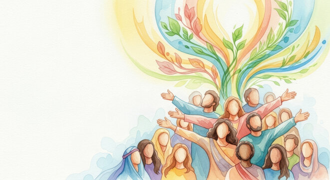 Joyful Gathering of Diverse Individuals Celebrating Growth and Positivity with Vibrant Colors and Flourishing Nature Elements in a Uplifting Scene