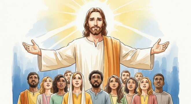 Jesus Welcoming a Diverse Group of Followers with Open Arms, Radiating Light and Love, Emphasizing Unity and Acceptance in a Spiritual Setting