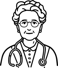 Obraz premium Hand Drawn Elderly Female Doctor Black and White Illustration in Minimal Line Art Style Design