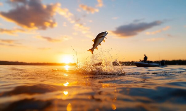 Fish jumping out of water sunset.