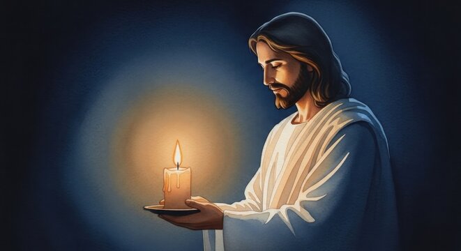 Jesus Standing Quietly with a Candle, Symbolizing Hope and Peace in a Serene Atmosphere