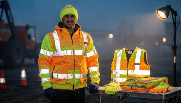 Worker showcasing highvisibility yarns in knit outerwear emphasizing safety and visibility during outdoor tasks in lowlight conditions.