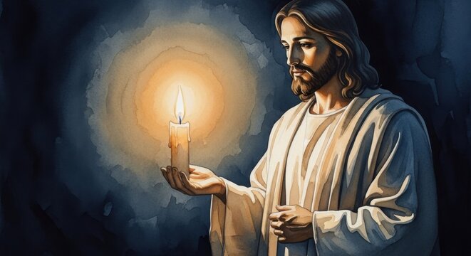 Jesus Standing Calmly with a Candle, Illuminating the Darkness, Symbolizing Hope, Faith, and Spiritual Enlightenment