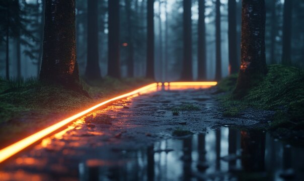 Glowing forest road at dusk.
