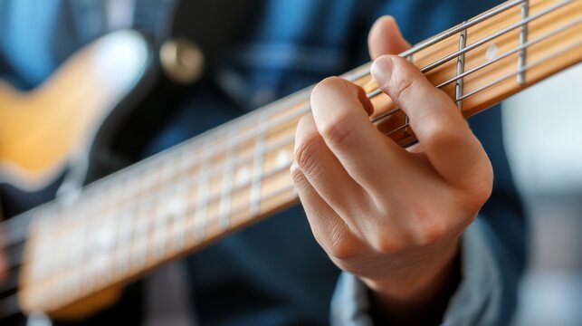 Hand playing electric guitar chord.